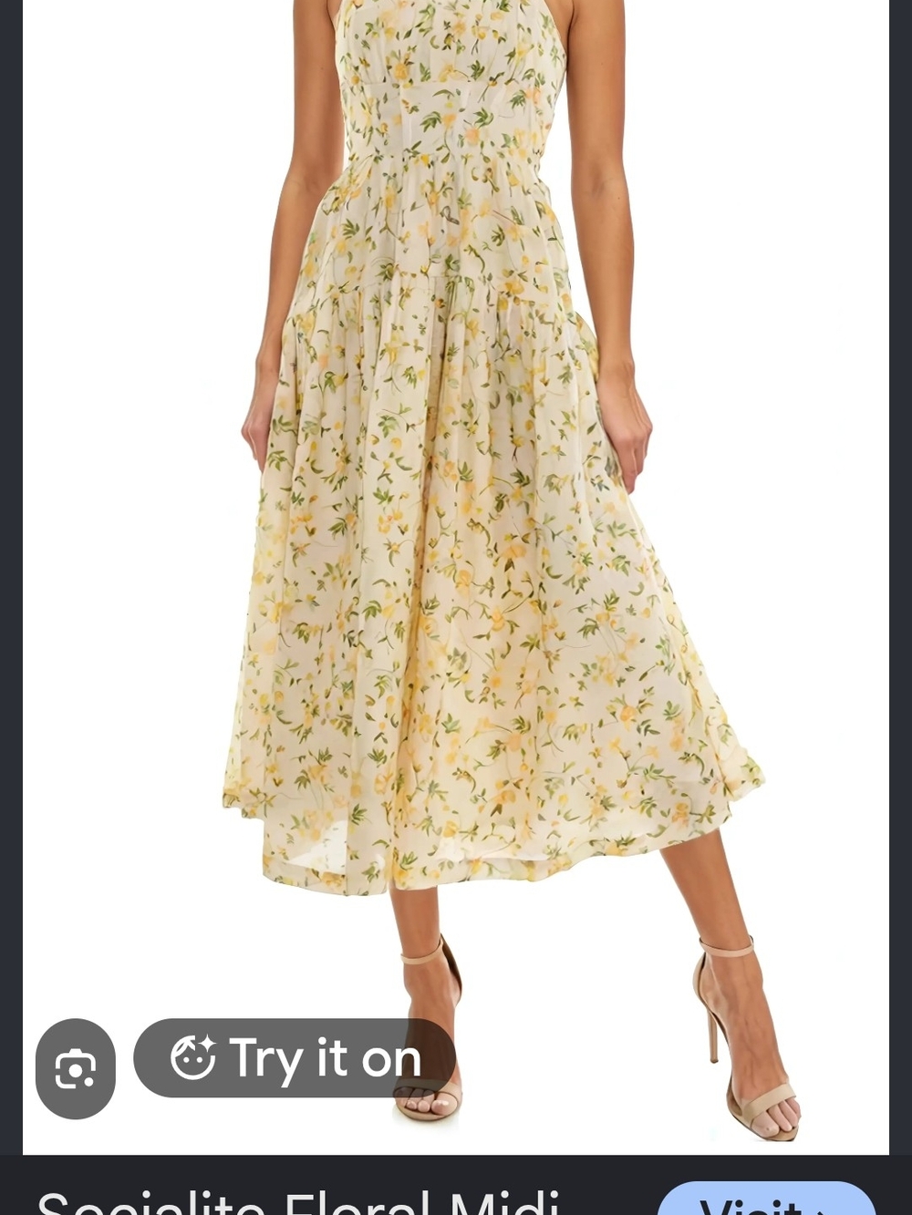 Socialite Cream & Yellow Floral Midi Dress with Yellow & Green Print. Ex Cond